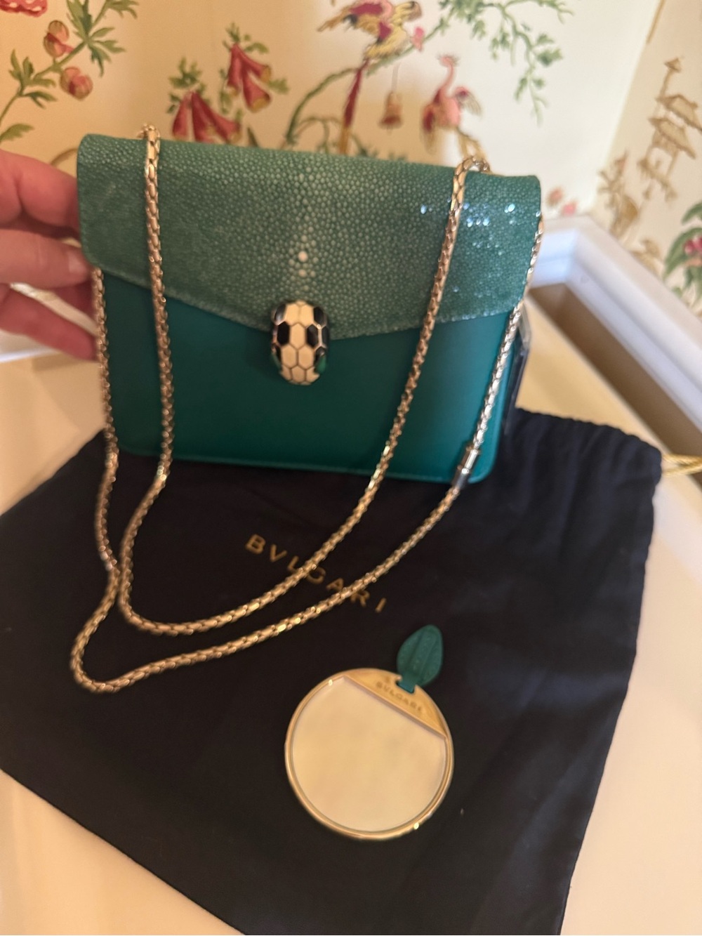BVLGARI Serpenti Forever Green Galuchat Stingray Leather Crossbody Bag + Mirror